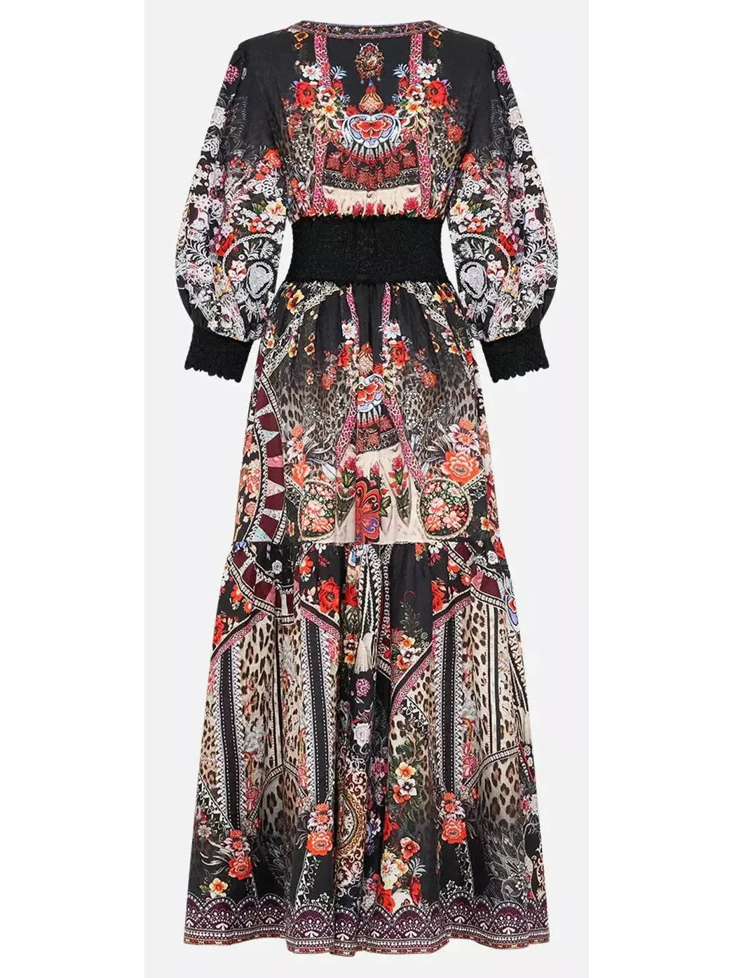 Multicolored Printed Low-Cut Shirred-Waist Long Dress - Dresses