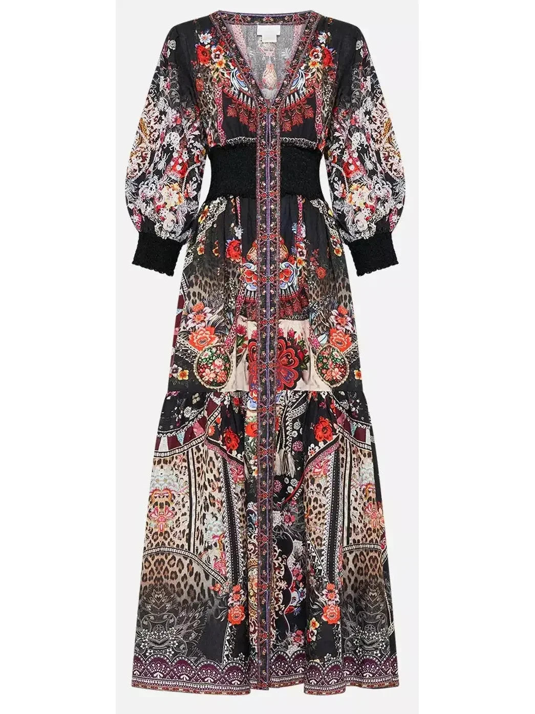 Multicolored Printed Low-Cut Shirred-Waist Long Dress - Dresses