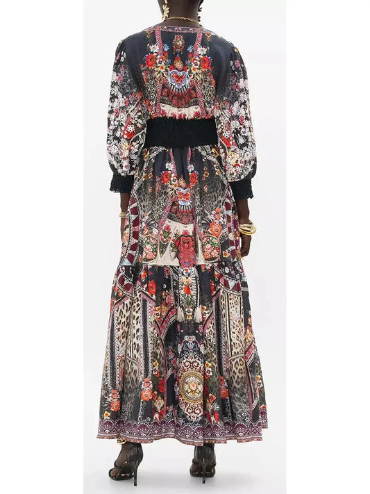 Multicolored Printed Low-Cut Shirred-Waist Long Dress - Dresses
