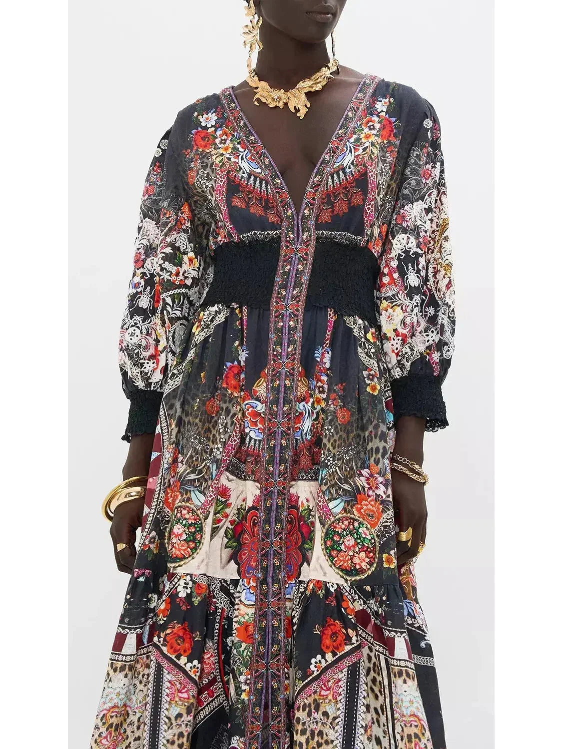 Multicolored Printed Low-Cut Shirred-Waist Long Dress - Dresses