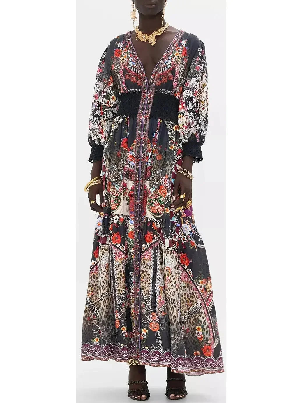 Multicolored Printed Low-Cut Shirred-Waist Long Dress - Dresses
