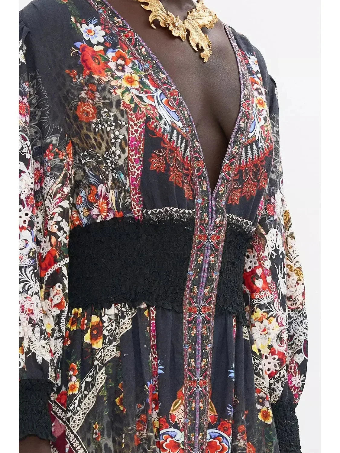 Multicolored Printed Low-Cut Shirred-Waist Long Dress - Dresses
