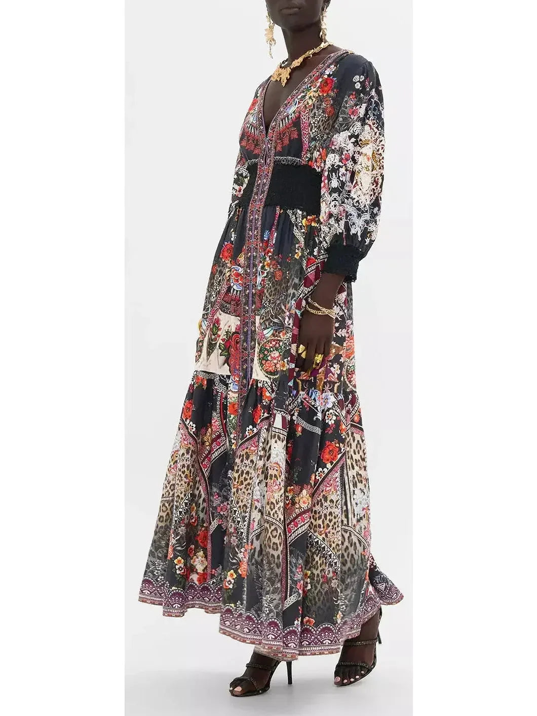 Multicolored Printed Low-Cut Shirred-Waist Long Dress - Dresses