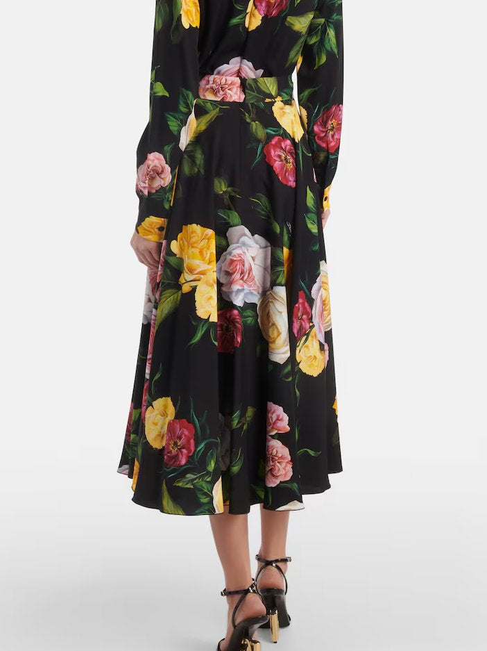 Floral-patterned Multicolored Rose Print Silk Pleated Midi Skirt for stylish outfits