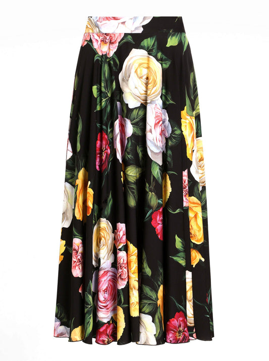 Floral print maxi skirt showcasing a Multicolored Rose Print Silk Pleated Midi design