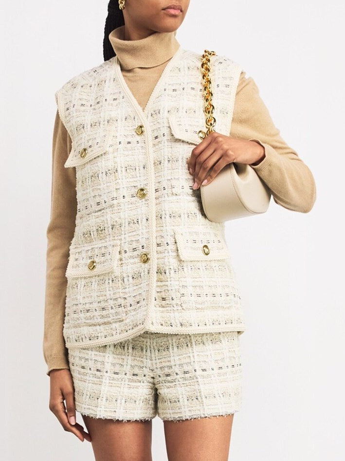 Natural Tweed Sleeveless Jacket and Short Set with Gold Buttons for stylish summer outfits