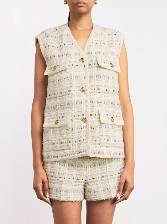 Natural Tweed Sleeveless Jacket and Short Set with Gold Buttons stylishly displayed