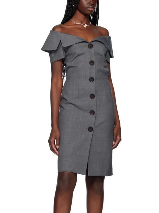Off-Shoulder Button-Down Tailored-Style Dress in Grey - Small - Dresses