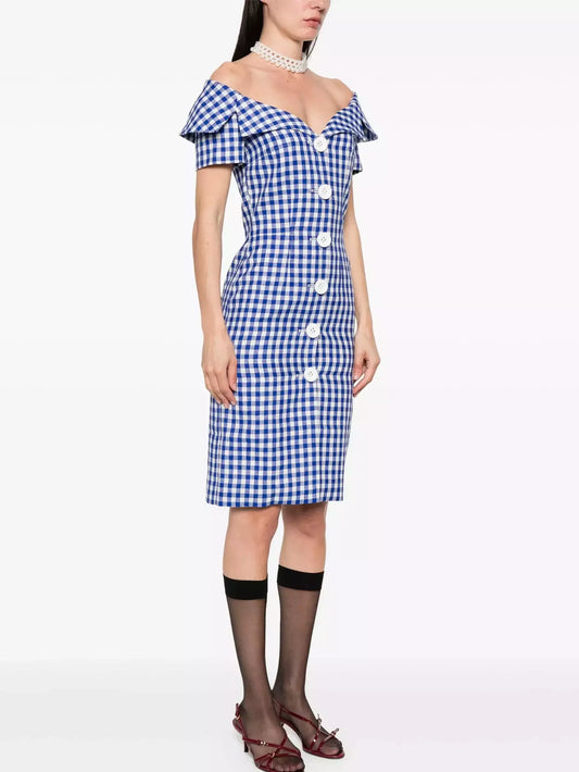 Off-Shoulder Button-Down Tailored-Style Gingham Dress - Small - Dresses