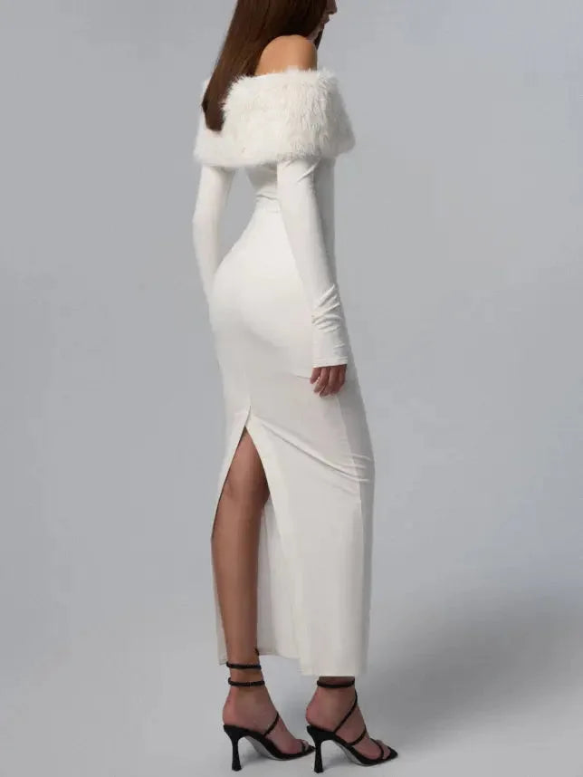Off-Shoulder Detachable-Fur Long Stretch Maxi Dress - Dresses