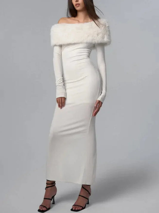 Off-Shoulder Detachable-Fur Long Stretch Maxi Dress - Dresses