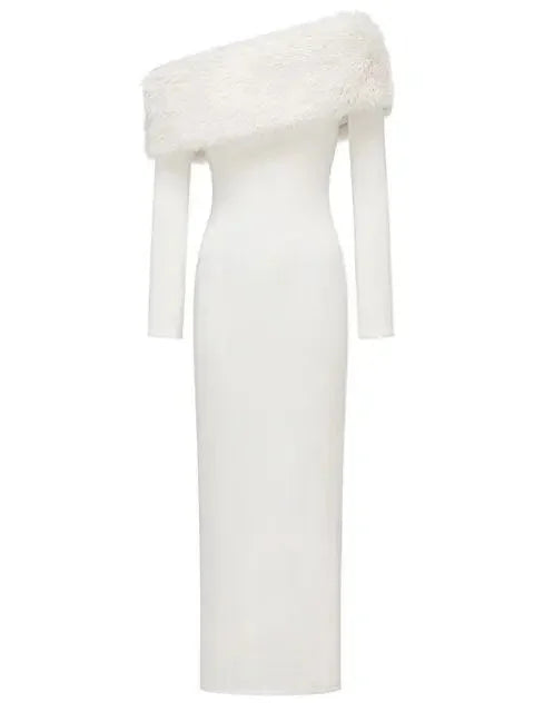 Off-Shoulder Detachable-Fur Long Stretch Maxi Dress - Dresses