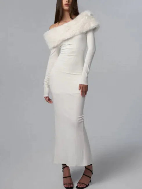 Off-Shoulder Detachable-Fur Long Stretch Maxi Dress - Dresses