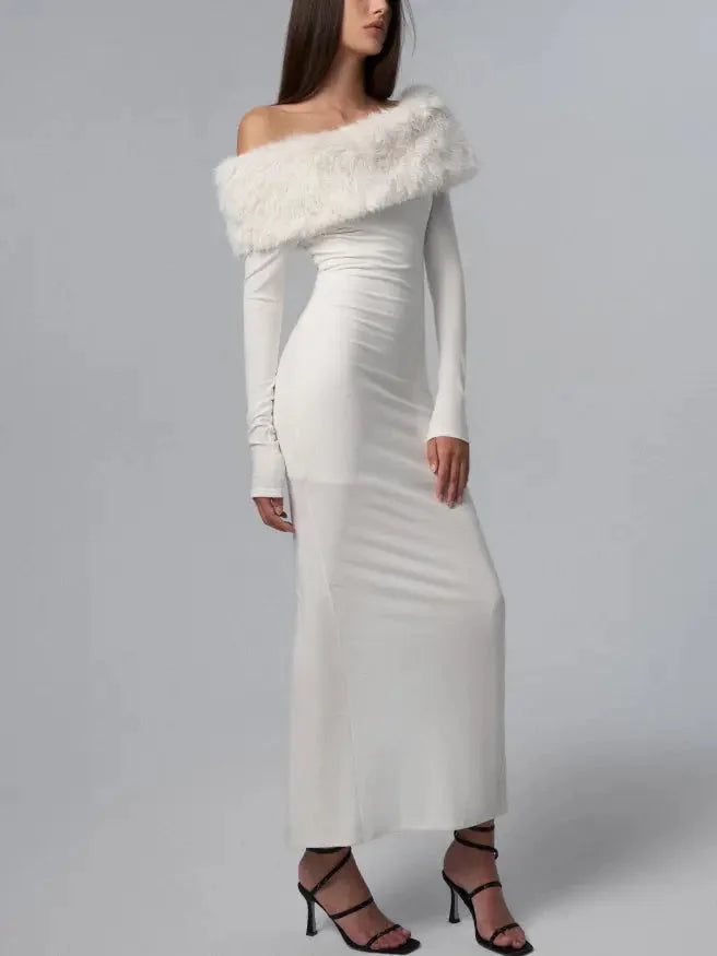 Off-Shoulder Detachable-Fur Long Stretch Maxi Dress - Dresses