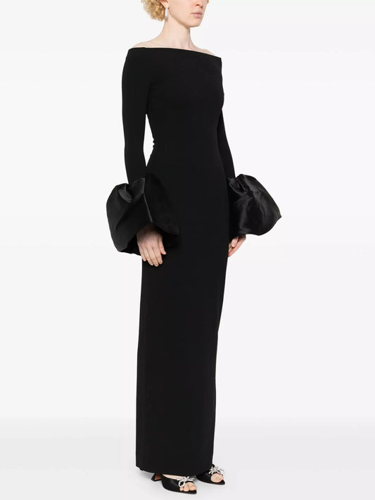 Off-Shoulder Gown with Oversized-Cuffs in Black - Dresses