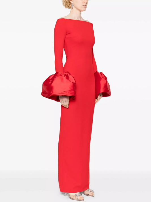 Off-Shoulder Gown with Oversized-Cuffs in Red - Dresses