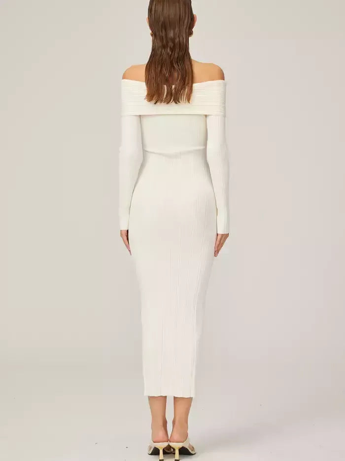 Off-Shoulder Ivory Knit Midi Dress - Dresses