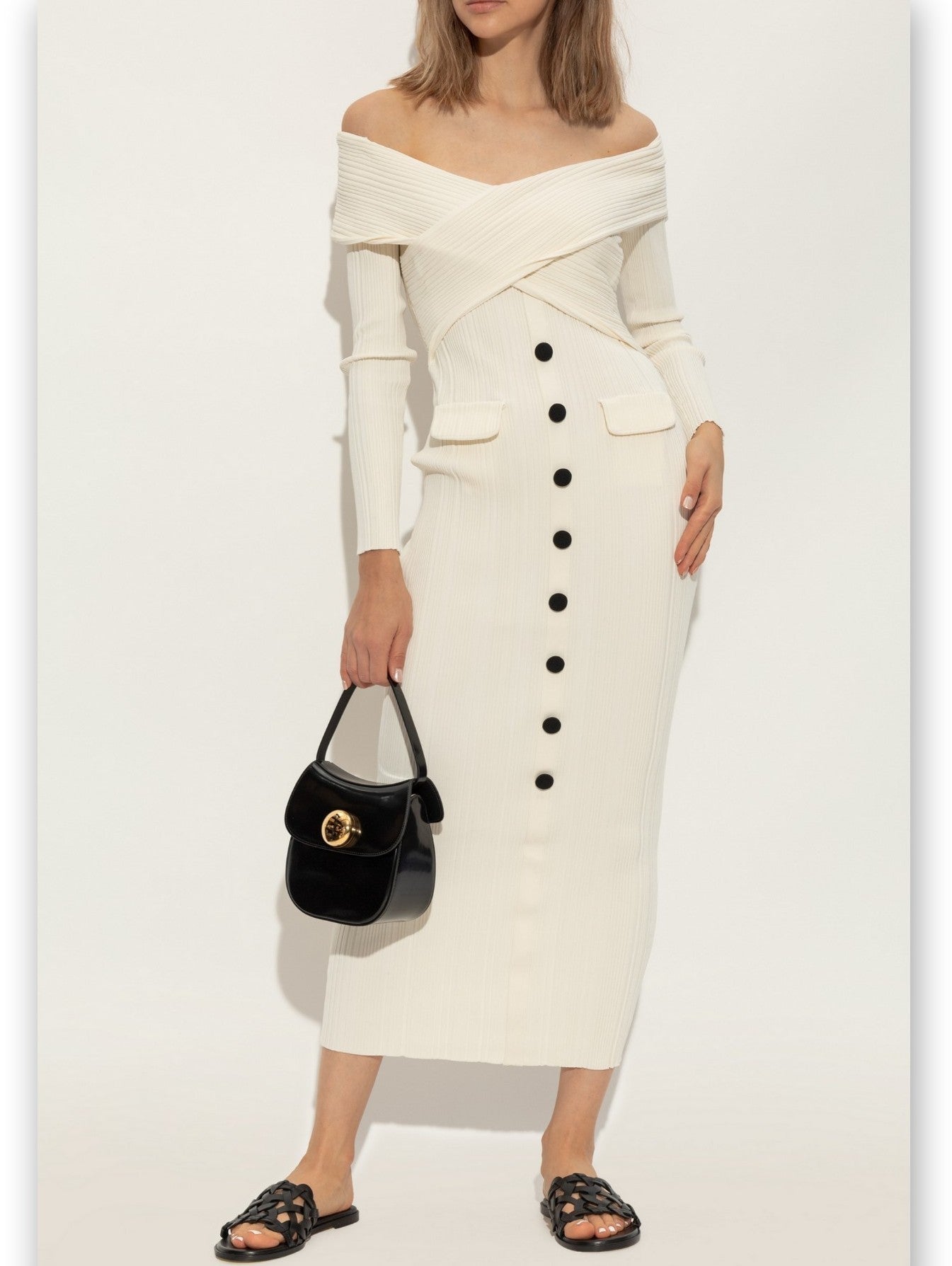 Off-Shoulder Ivory Knit Midi Dress - Dresses