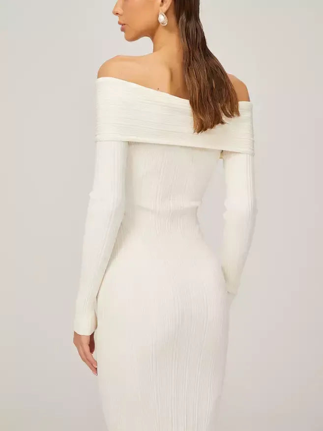 Off-Shoulder Ivory Knit Midi Dress - Dresses