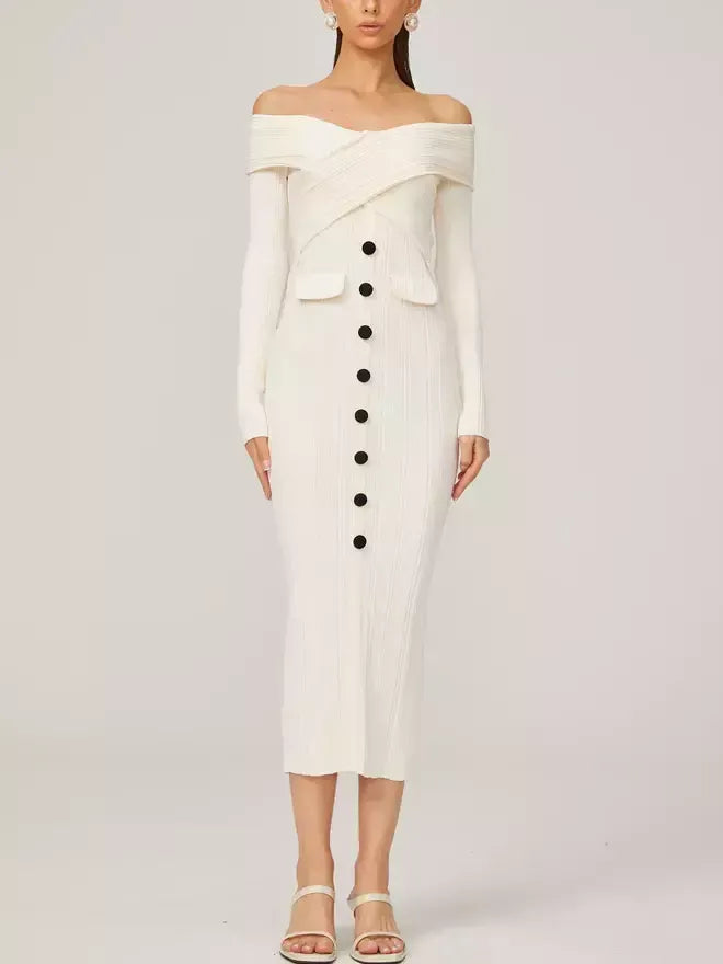 Off-Shoulder Ivory Knit Midi Dress - Dresses