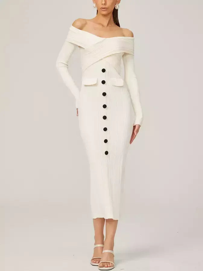 Off-Shoulder Ivory Knit Midi Dress - Dresses