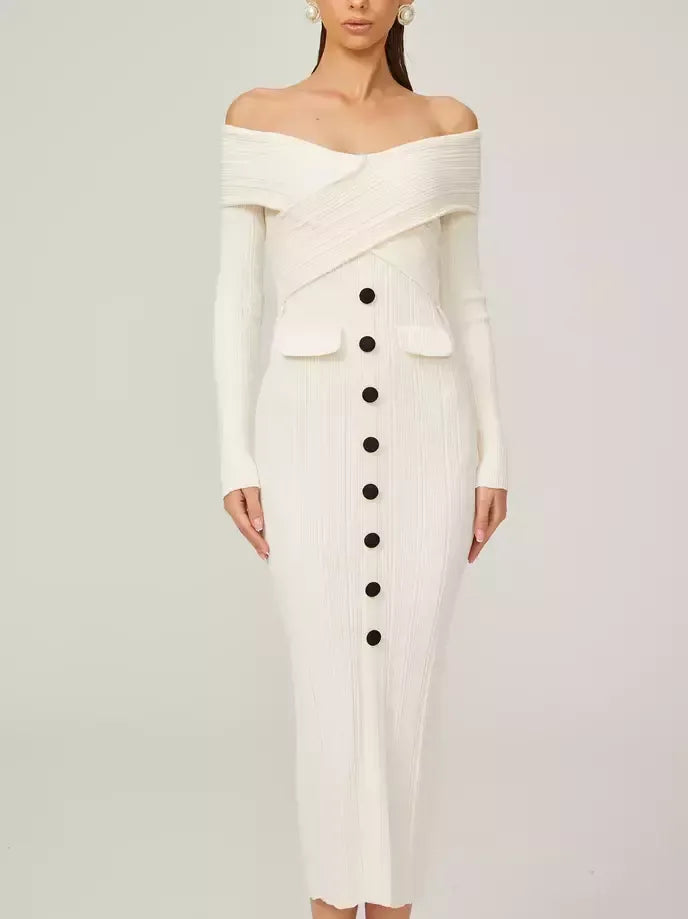 Off-Shoulder Ivory Knit Midi Dress - Dresses