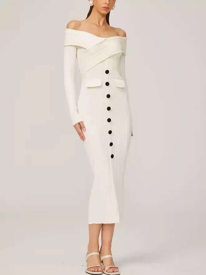 Off-Shoulder Ivory Knit Midi Dress - Dresses
