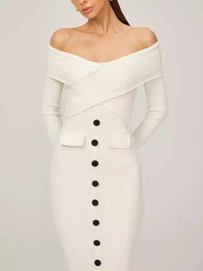 Off-Shoulder Ivory Knit Midi Dress - Dresses