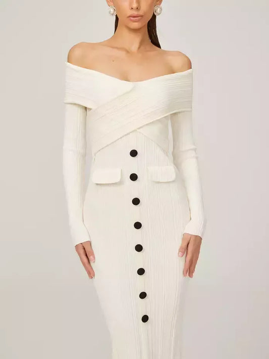 Off-Shoulder Ivory Knit Midi Dress - Dresses