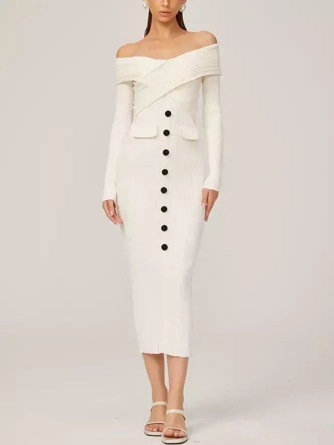 Off-Shoulder Ivory Knit Midi Dress - Dresses