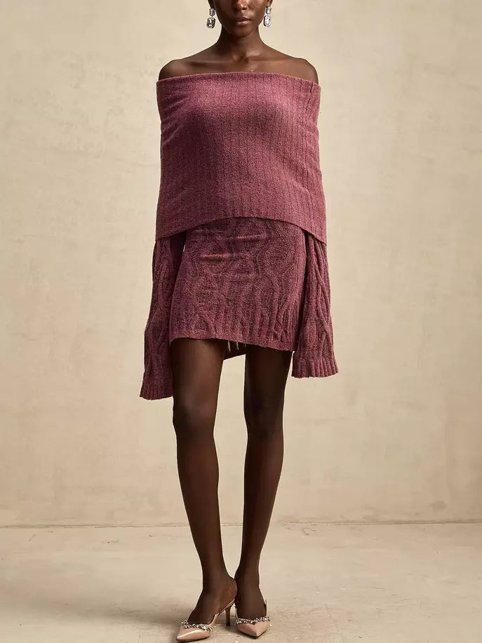Off-shoulder long-sleeve knit mini sweater dress showcasing stylish design and comfort
