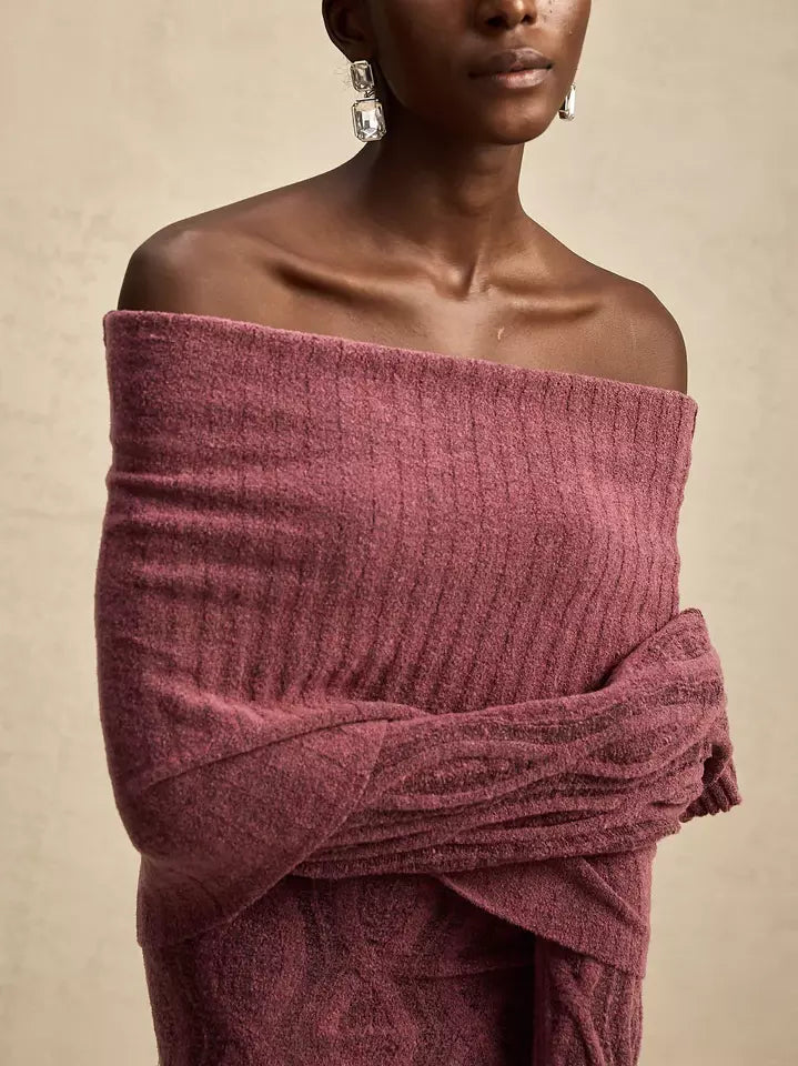 Mauve Off-Shoulder Long-Sleeve Knit Mini Sweater Dress perfect for casual outings
