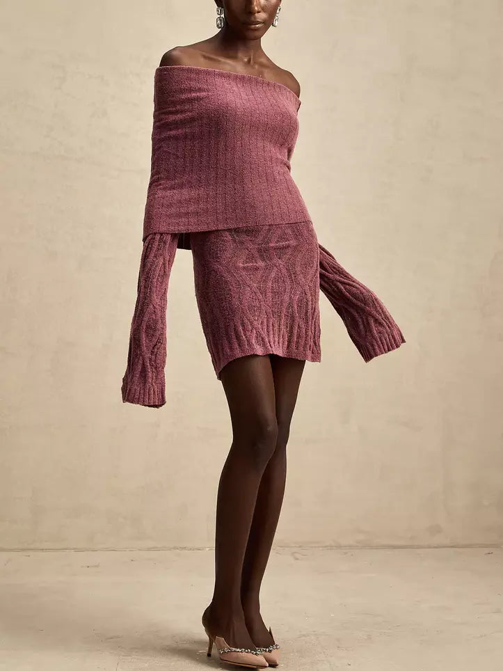 Mauve Off-Shoulder Long-Sleeve Knit Mini Sweater Dress perfect for trendy fall fashion