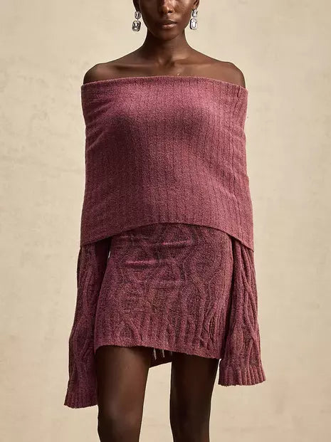 Off-shoulder long-sleeve knit mini sweater dress in stylish design and versatile color