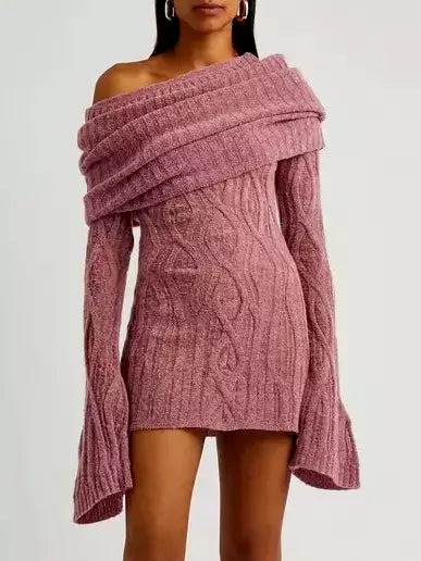 Mauve Off-Shoulder Long-Sleeve Knit Mini Sweater Dress showcasing stylish elegance