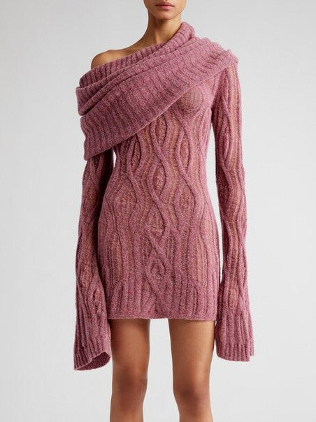 Mauve Off-Shoulder Long-Sleeve Knit Mini Sweater Dress for stylish casual wear