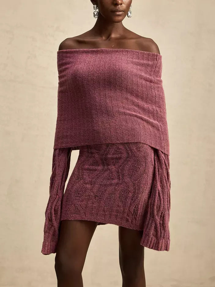 Off-shoulder long-sleeve knit mini sweater dress in stylish casual design