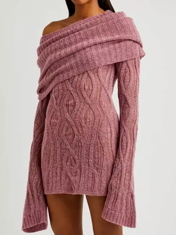 Mauve Off-Shoulder Long-Sleeve Knit Mini Sweater Dress for stylish casual wear