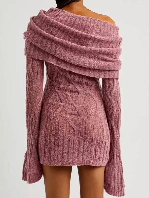 Mauve Off-Shoulder Long-Sleeve Knit Mini Sweater Dress for stylish fall outings