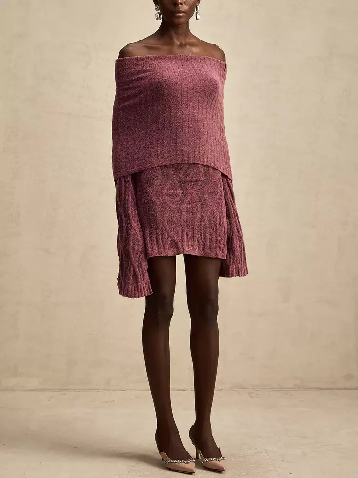 Off-shoulder long-sleeve knit mini sweater dress in stylish knit design