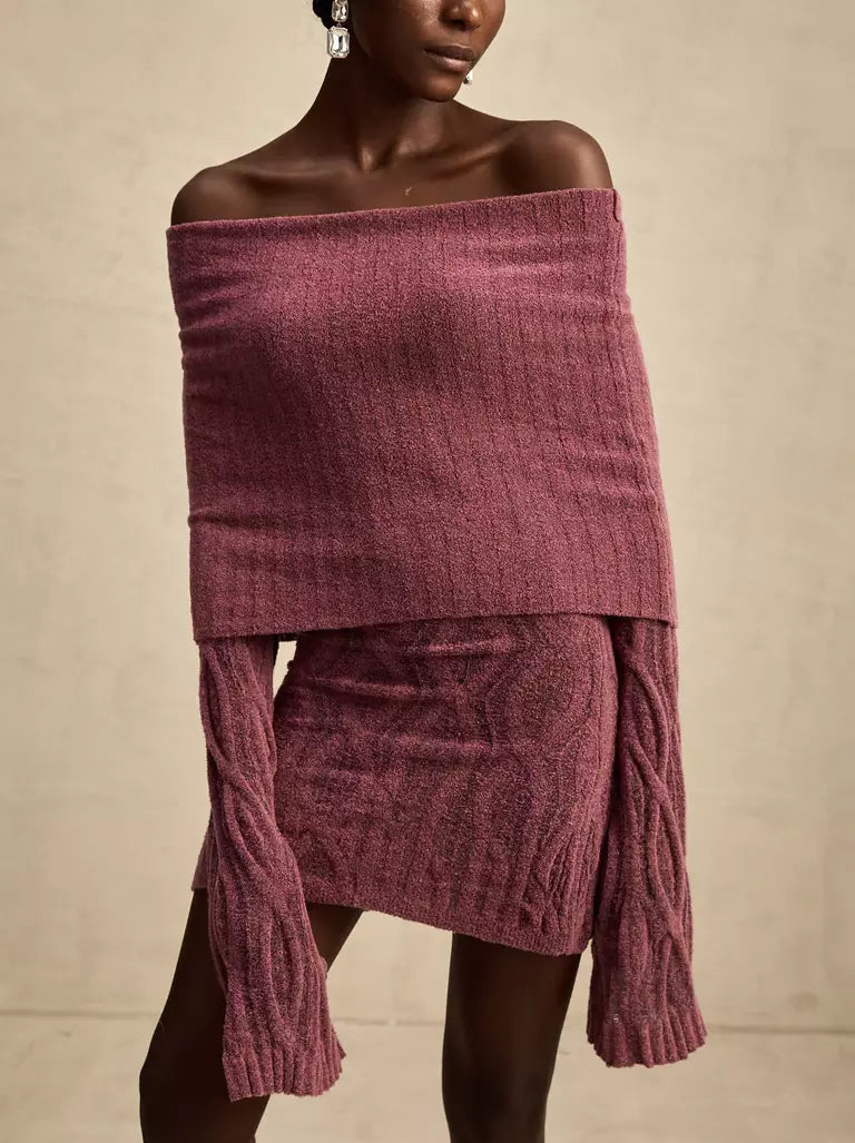 Off-Shoulder Long-Sleeve Knit Mini Sweater Dress showcasing stylish off-shoulder design