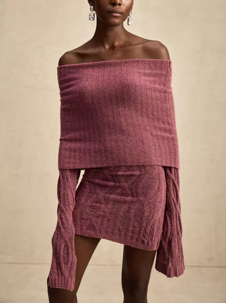 Mauve off-shoulder long-sleeve knit mini sweater dress for stylish occasions