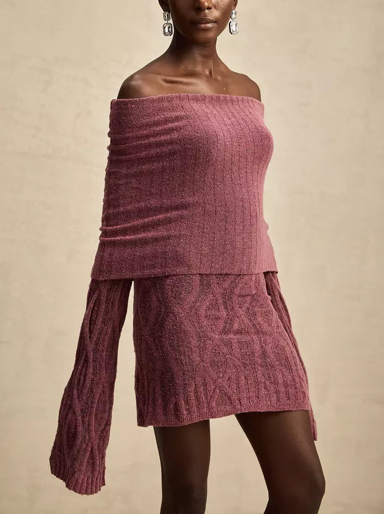 Mauve Off-Shoulder Long-Sleeve Knit Mini Sweater Dress for stylish fall fashion
