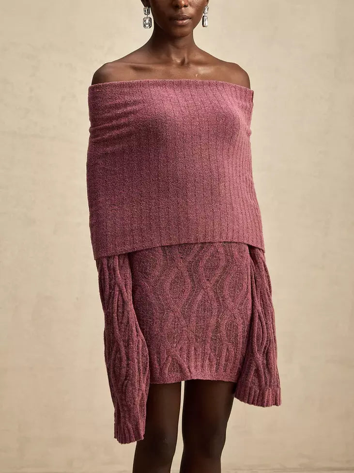 Mauve Off-Shoulder Long-Sleeve Knit Mini Sweater Dress for stylish outfits