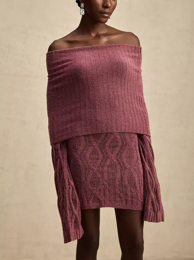 Mauve off-shoulder long-sleeve knit mini sweater dress for a stylish look