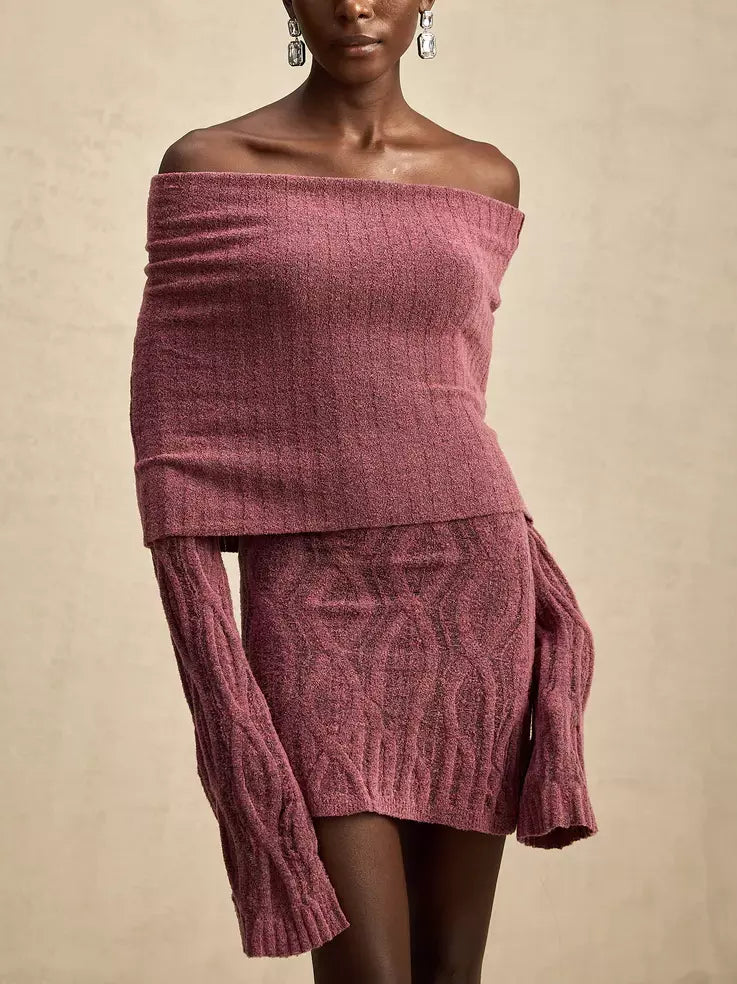Off-shoulder long-sleeve knit mini sweater dress in stylish design