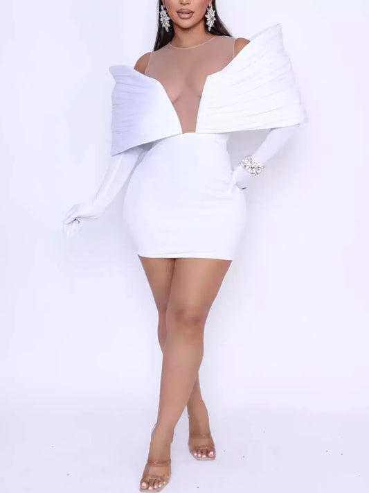 Off-Shoulder Mini Dress with Attached Gloves in White - Dresses