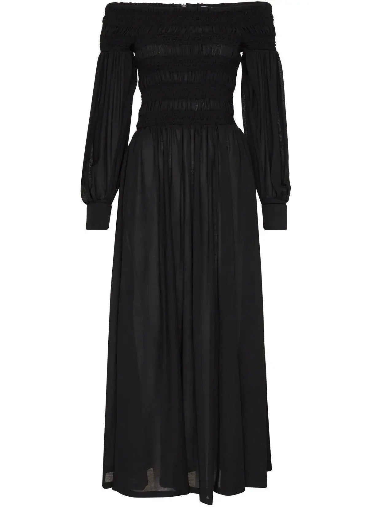 Off-Shoulder Pleat-Detail Long Black Dress - Dresses