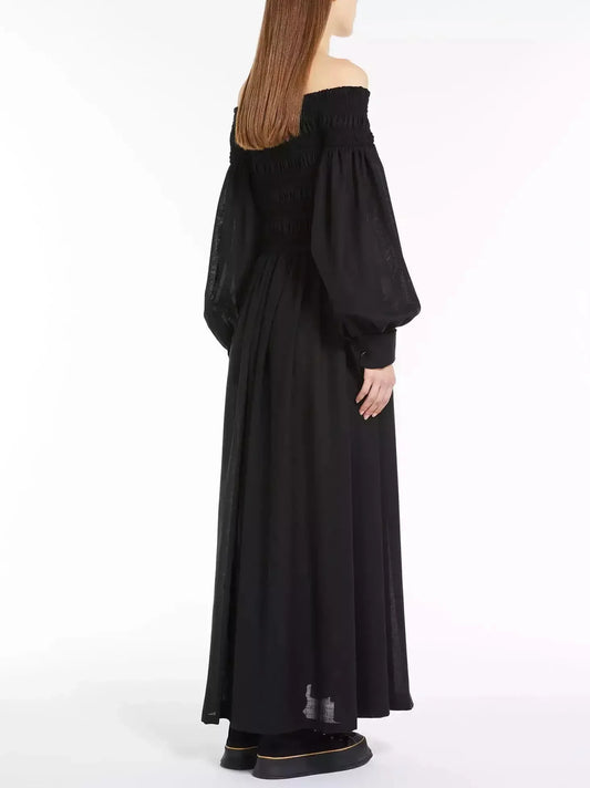 Off-Shoulder Pleat-Detail Long Black Dress - Dresses
