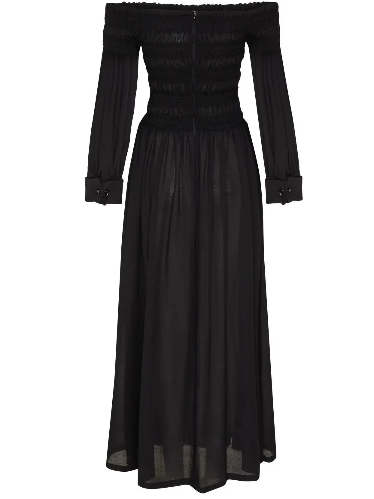 Off-Shoulder Pleat-Detail Long Black Dress - Dresses